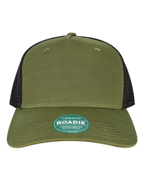 LEGACY ROADIE Five-Panel Trucker Cap #color_Olive Slub/ Black