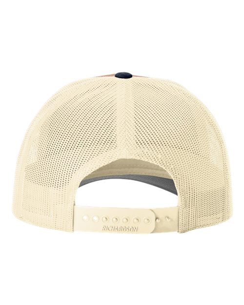 Richardson 115 Low Pro Trucker Cap #color_Dark Orange/ Birch/ Patriot Blue