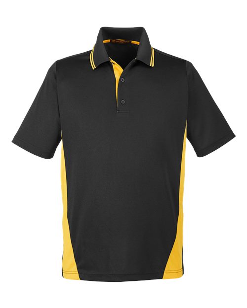 Harriton M386 Men's Flash Snag Protection Plus IL Colorblock Polo #color_BLACK/ SNRY YLLW