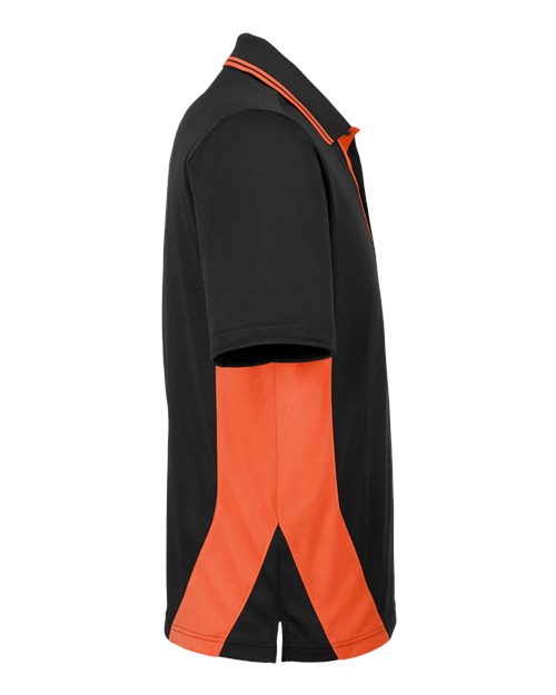 Harriton M386 Men's Flash Snag Protection Plus IL Colorblock Polo #color_BLACK/ TM ORANGE
