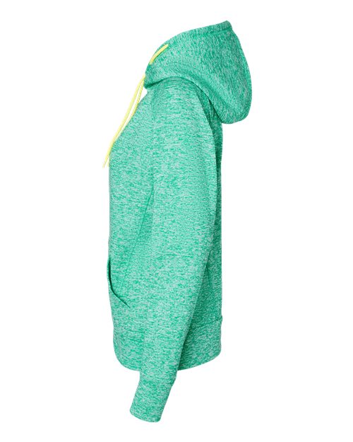 J America JA8616 Ladies' Cosmic Contrast Fleece Hooded Sweatshirt #color_EMER FLK/ NEO YL