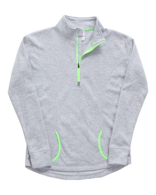 J America JA8617 Ladies' Cosmic Fleece Quarter-Zip #color_IC GRY FL/ NE GN