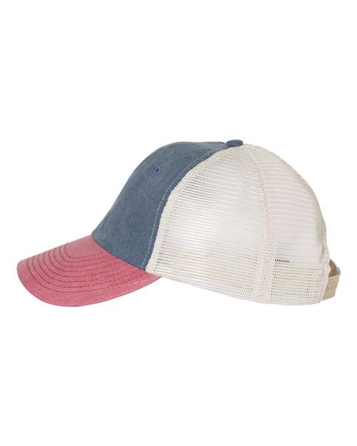 Valucap SP510 Pigment-Dyed Trucker Cap #color_Navy/ Cardinal/ Stone