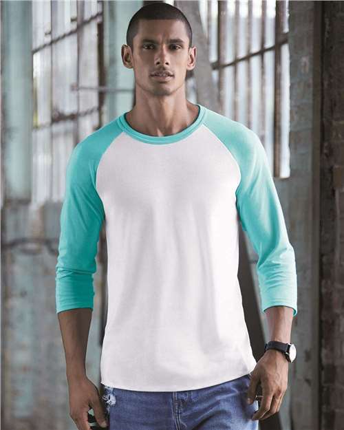Jerzees 560RR Unisex Premium Blend Ring-Spun 3/4 Sleeve Raglan T-Shirt #color_WHITE/ SCUBA BLU