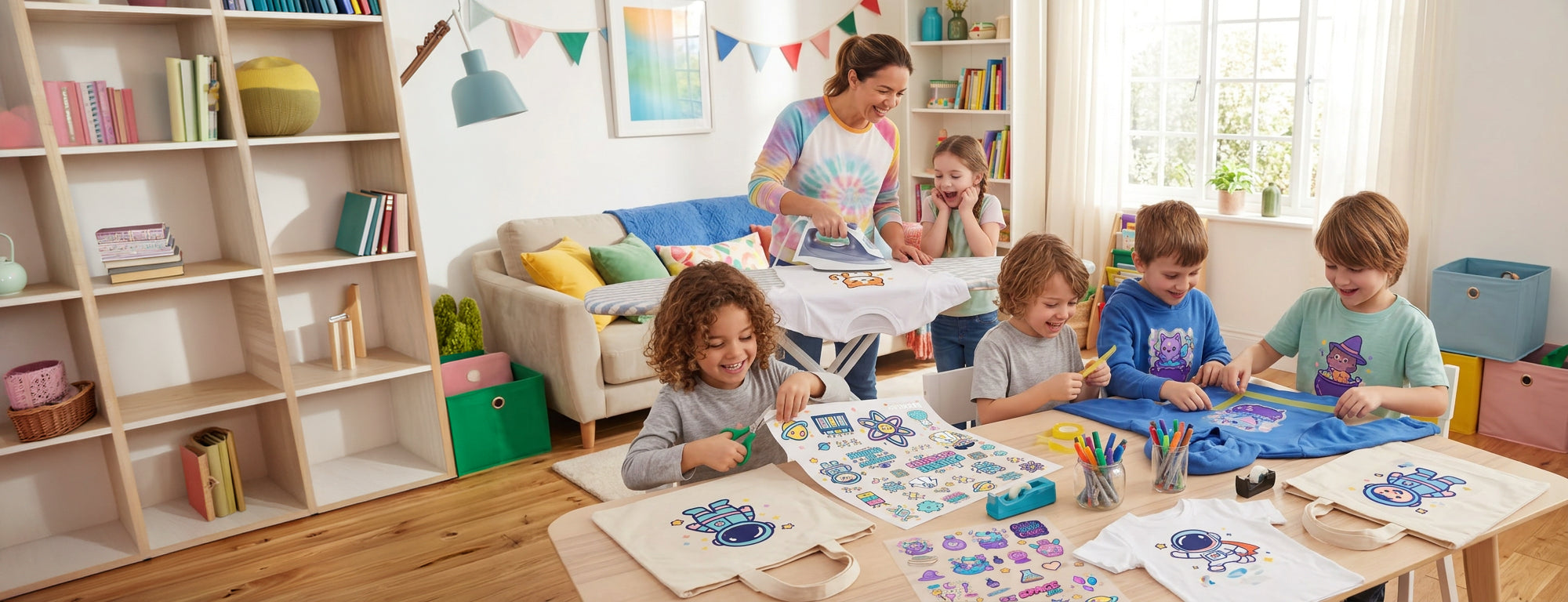 A parent and four kids making custom apparel with Ninja Pressables iron-on transfers at a craft table