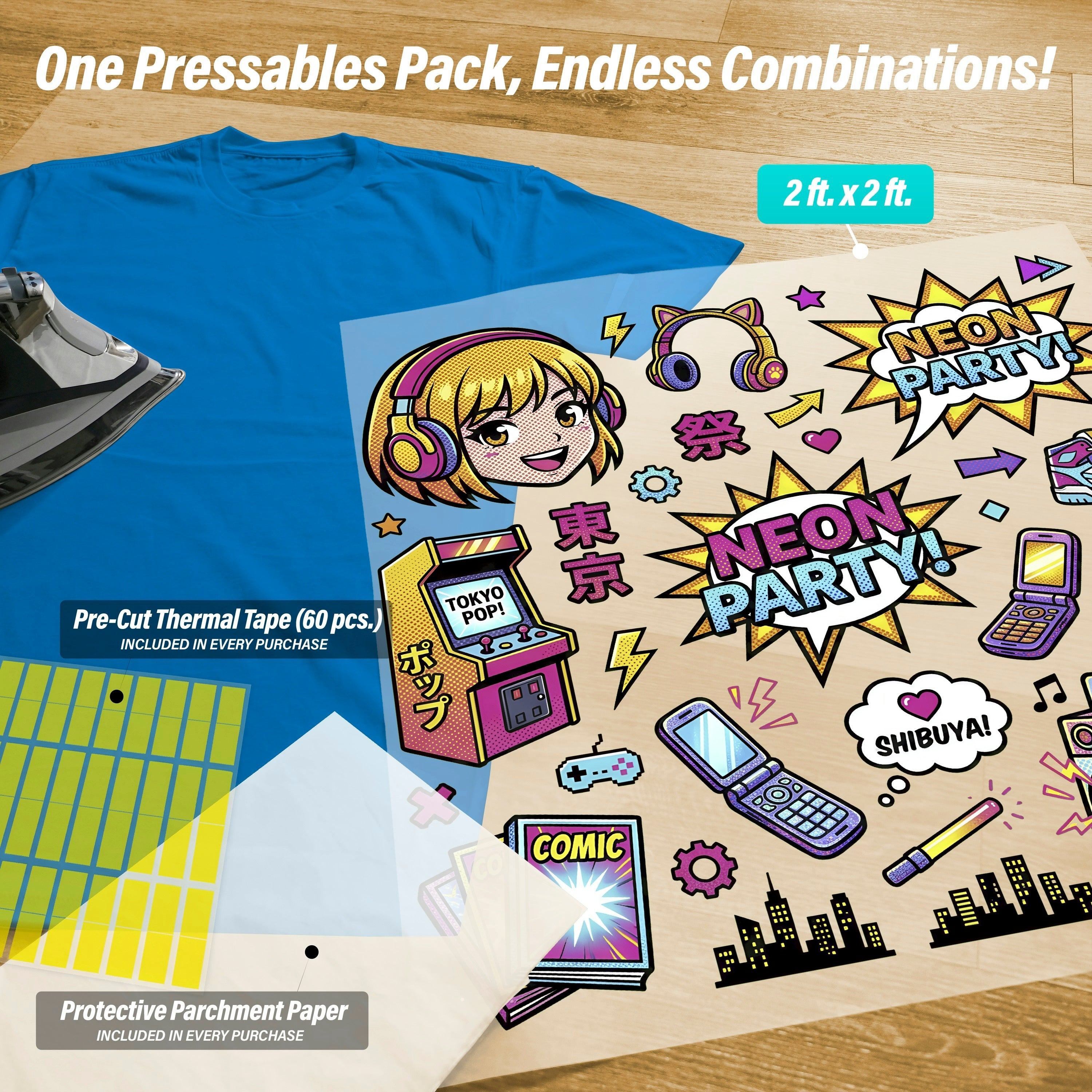 Neon Party Anime Girl Iron-On Transfer Pack