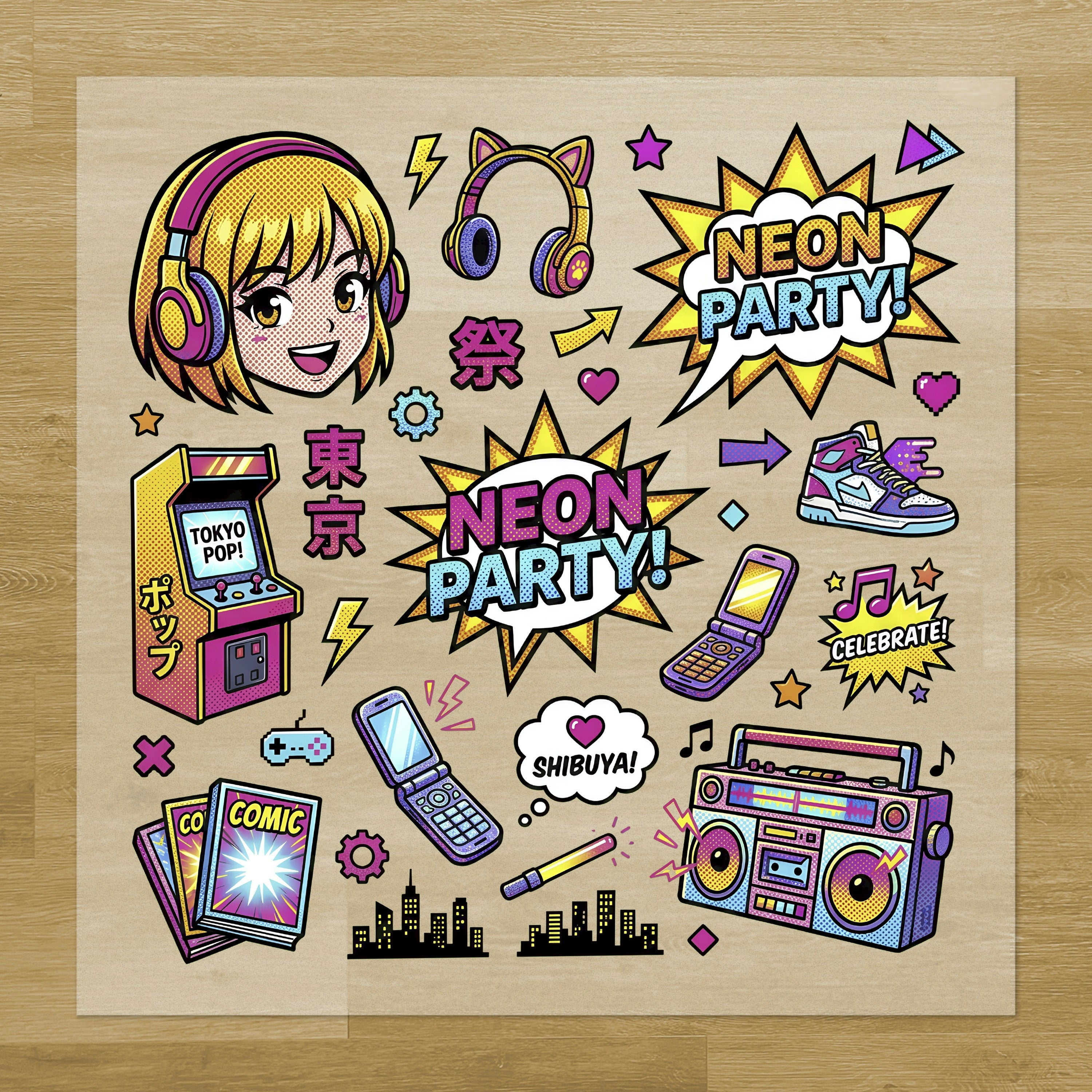 Neon Party Anime Girl Iron-On Transfer Pack