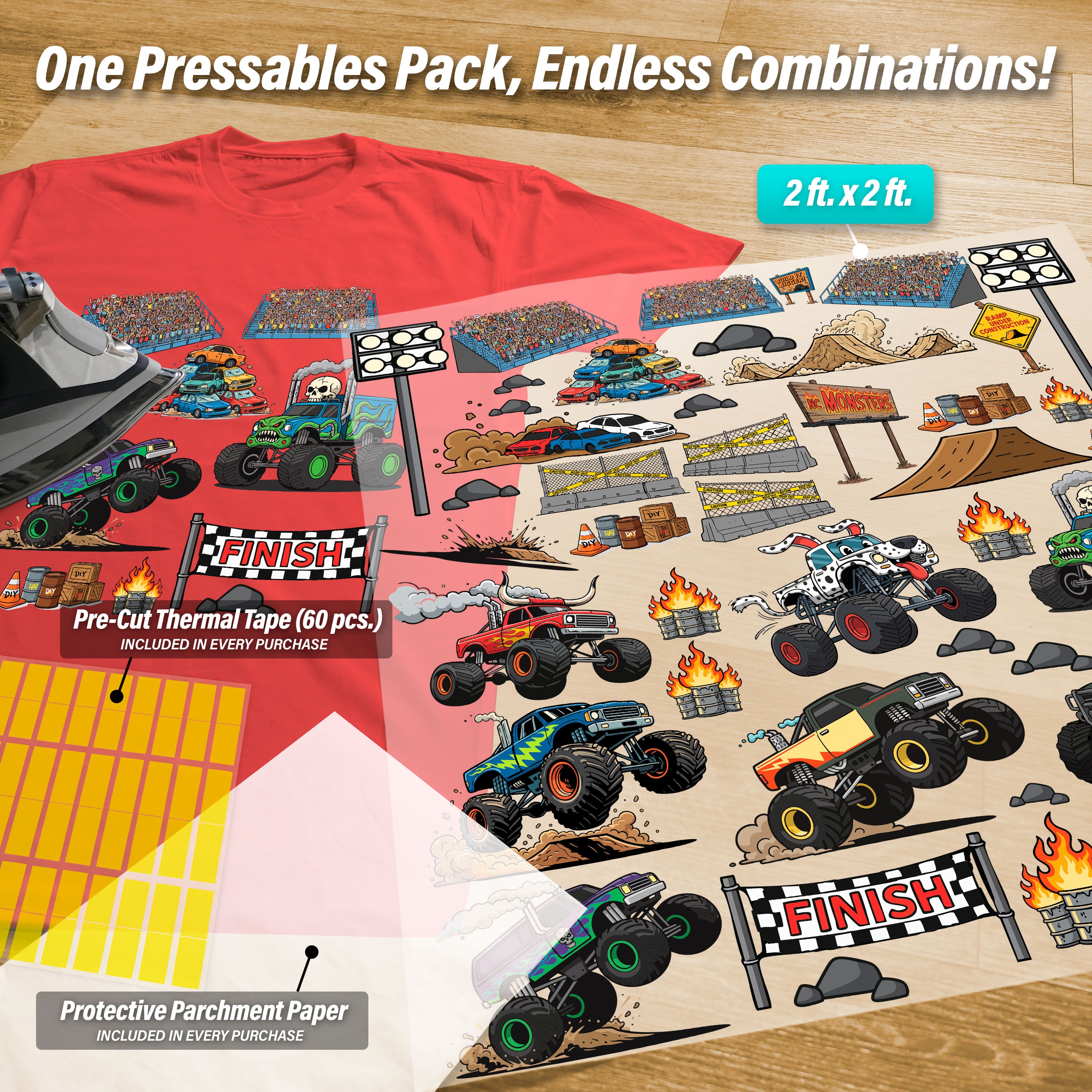 Build Your Own Monster Truck Arena Iron-On Transfer Pack