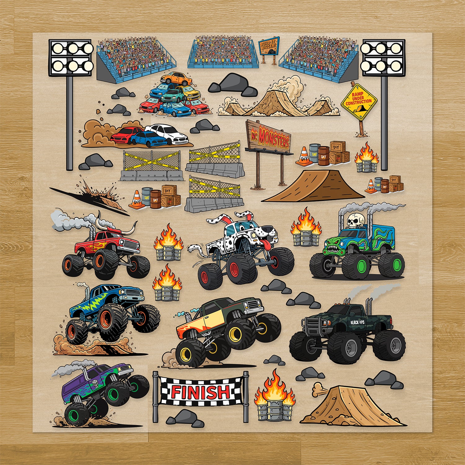 Build Your Own Monster Truck Arena Iron-On Transfer Pack